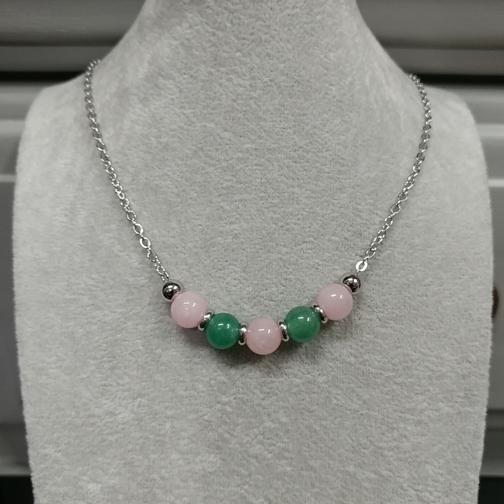 Rose Quartz Aventurine Beaded Necklace Natural Gemstone Crystal Stainless-Steel